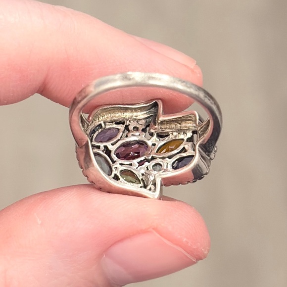 Vintage Silver Hamsa Gemstone Ring, Milgrain Sterling, Rainbow Gem, Size 6.25 - Picture 16 of 17